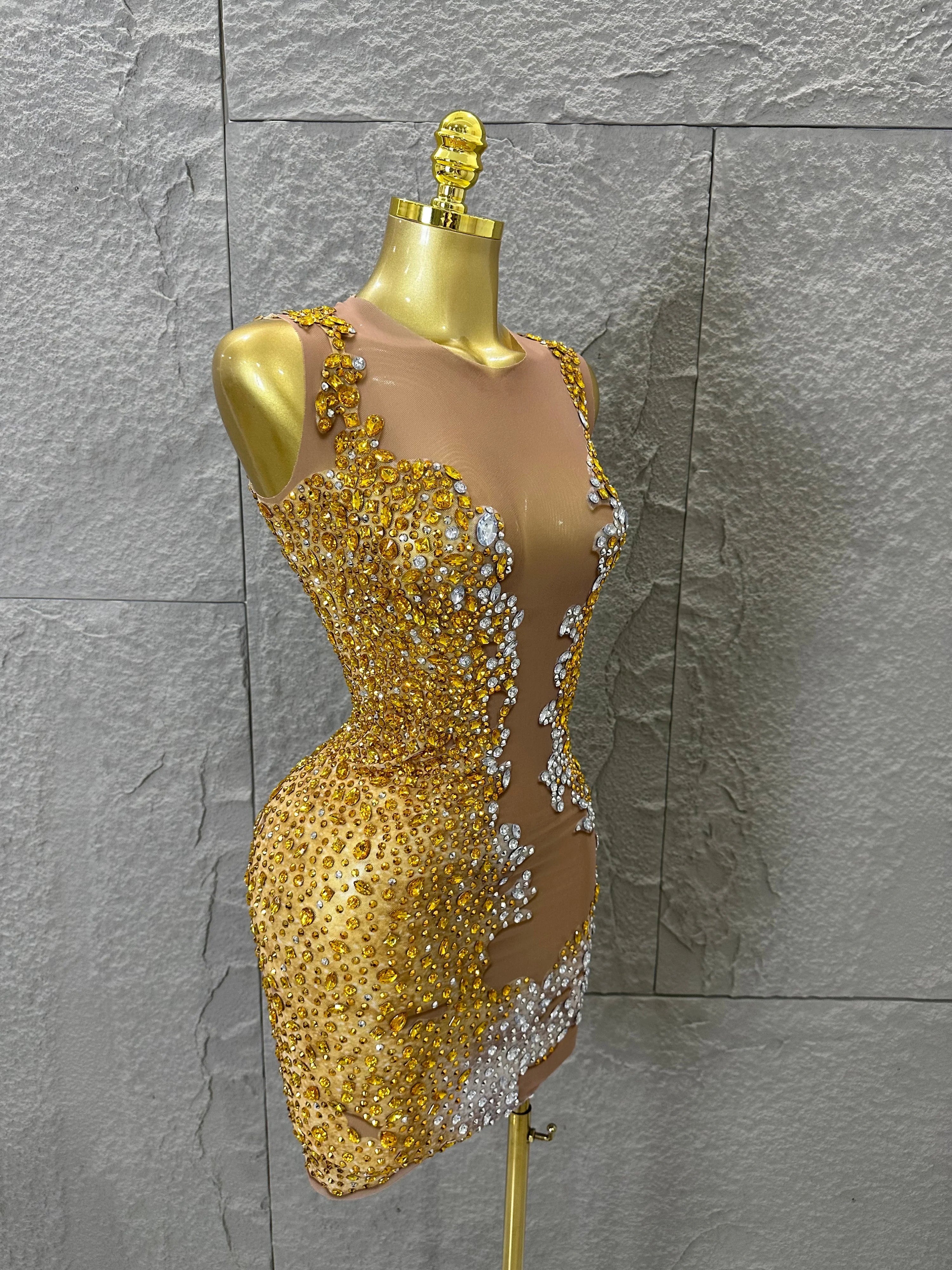 2026 New Sexy Fashion Gold Sparkly Dance Show Stage Costume Women Birthday Party Rhinestones Tassels Transparent Short Dress