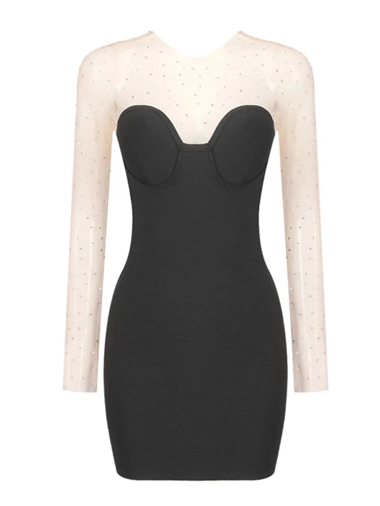 Women Celebrity Sexy Long Sleeve Diamonds Black Mesh Mini Bodycon Bandage Dress 2024 Elegant Evening Club Party Dress