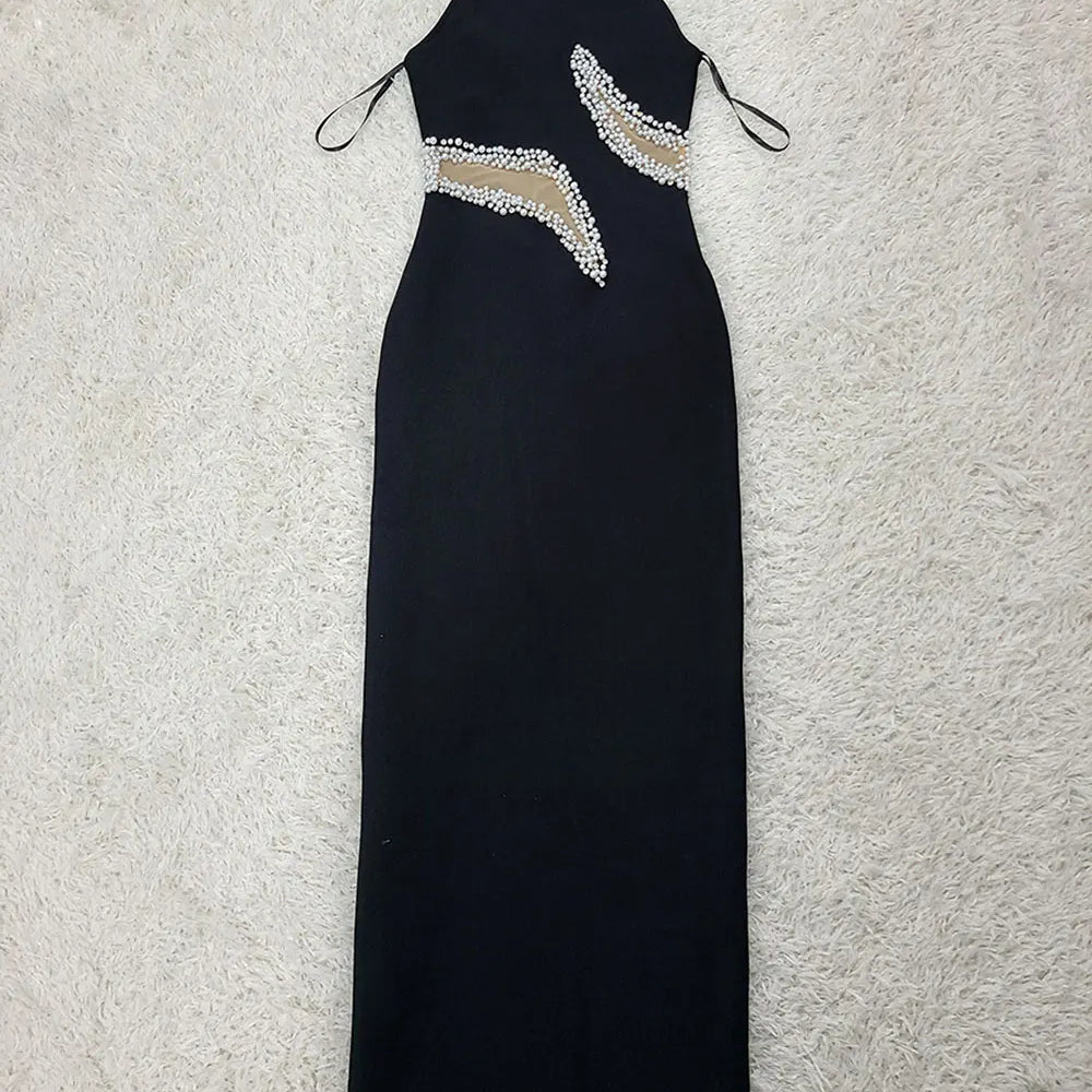 2025 Elegant Women's Light Luxury Nail Bead Patchwork Design Bandage Dress O-Neck Sleeveless Bodycon Long Dresses Party Vestidos black