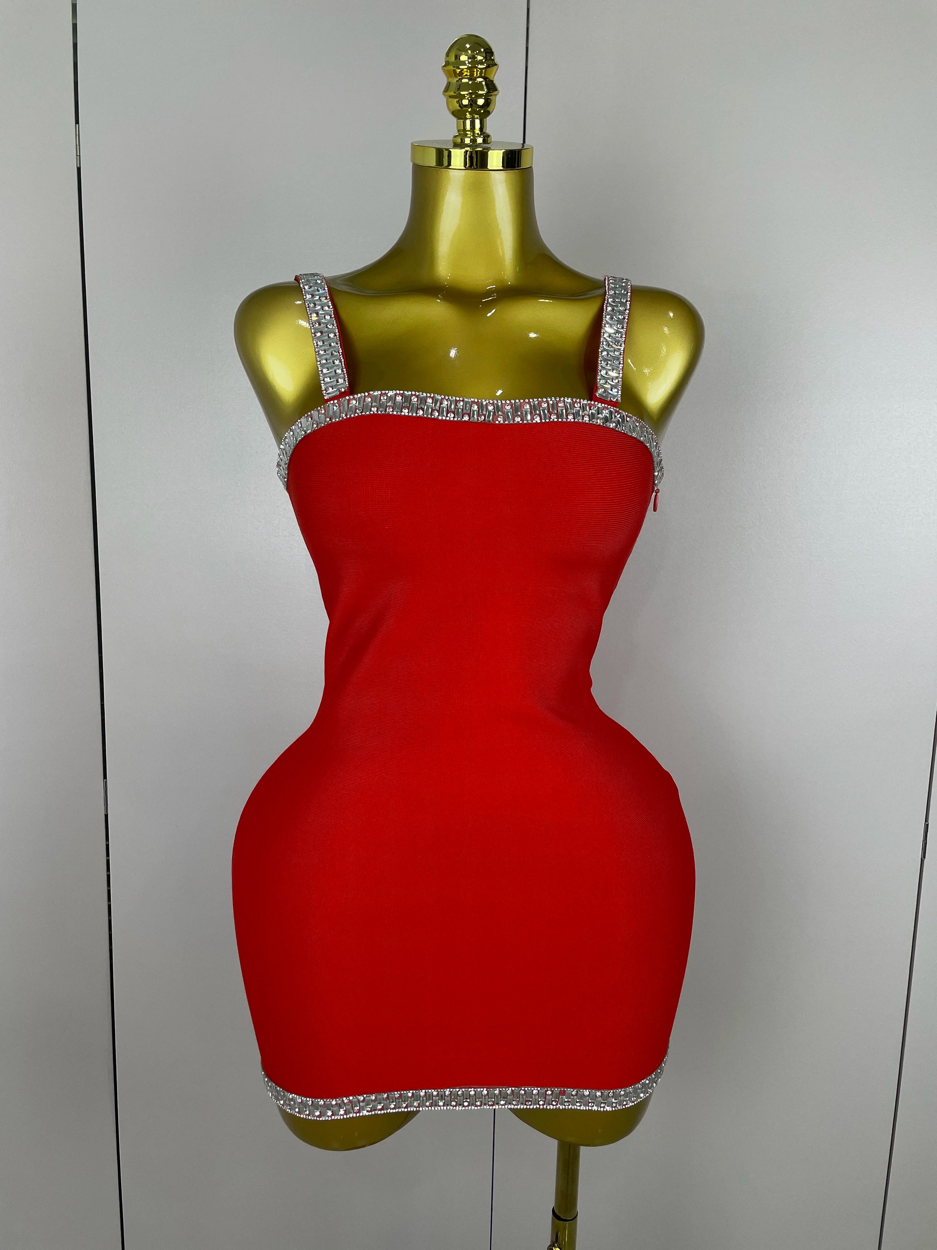 2025 Women Celebrity Luxury Sexy Summer Square Collar Red Crystal Mini Bandage Dress Knitted Elegant Evening Club Party Outfit Red