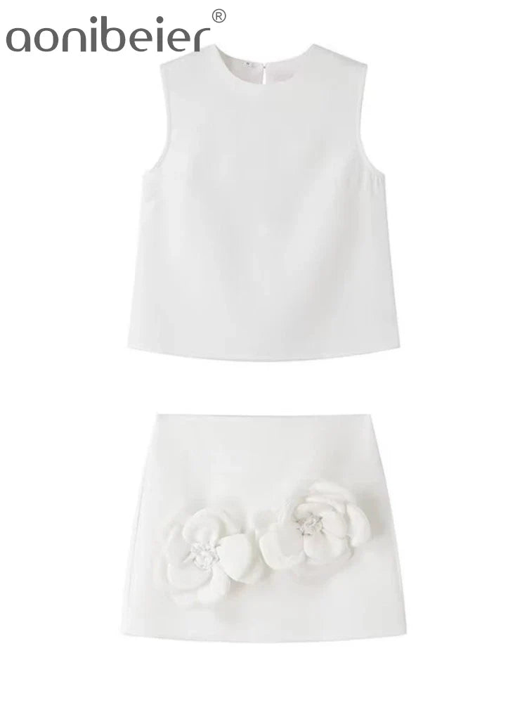 Aonibeier Y2K Extreme Short Women Mini Skirt Suits Traf Summer Flower Appliques Sleeveless Tanks Female Crop Top Sets White