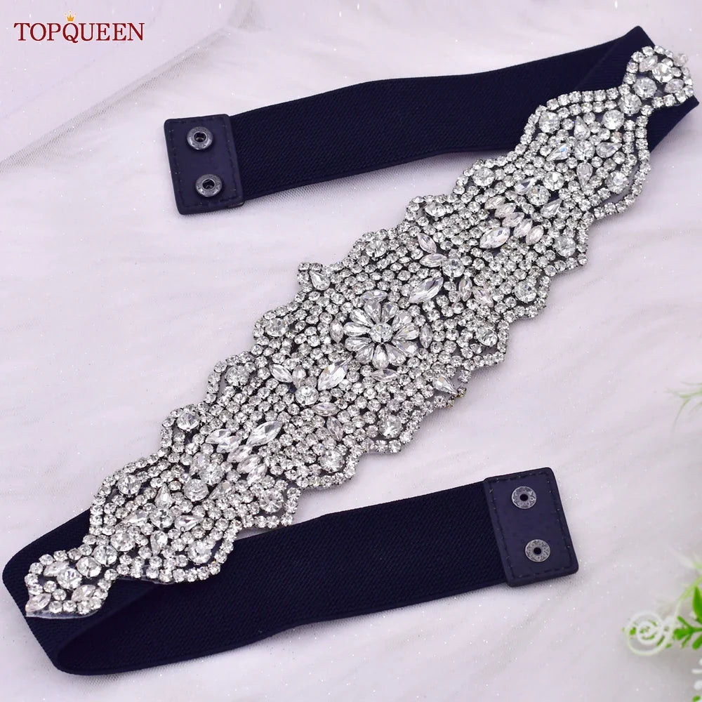 TOPQUEEN S233-B Women Black Elastic Belt All-match Silver Rhinestones Crystal Women Dress Gown Elegant Female Daily Sash Sparkly as picture 68cm