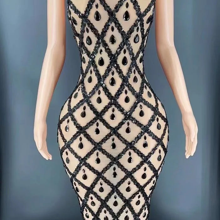 Flashing Silver Rhinestone Crystals Fringes Transparent Short Dress Birthday Celebrate Costume Evening Dancer Dress Khaki