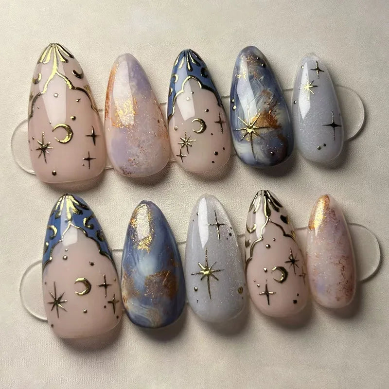 24Pcs 3D Green Ripple Design False Nails Cat's Eye French Almond Fake Nail Tips Leaves Pattern Removable Oval Press on Nails 1985