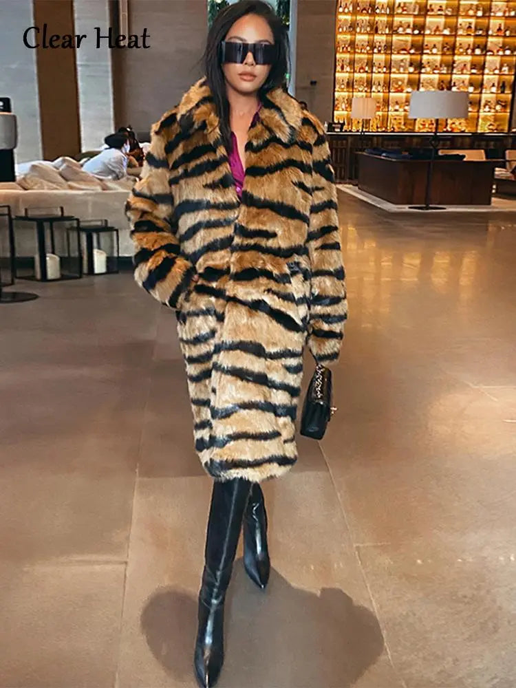 Winter Long Warm Thick Leopard Faux Fur Coat Women Tiger Print Loose Luxury Fluffy Clothing Female Thicken Plush Overcoat
