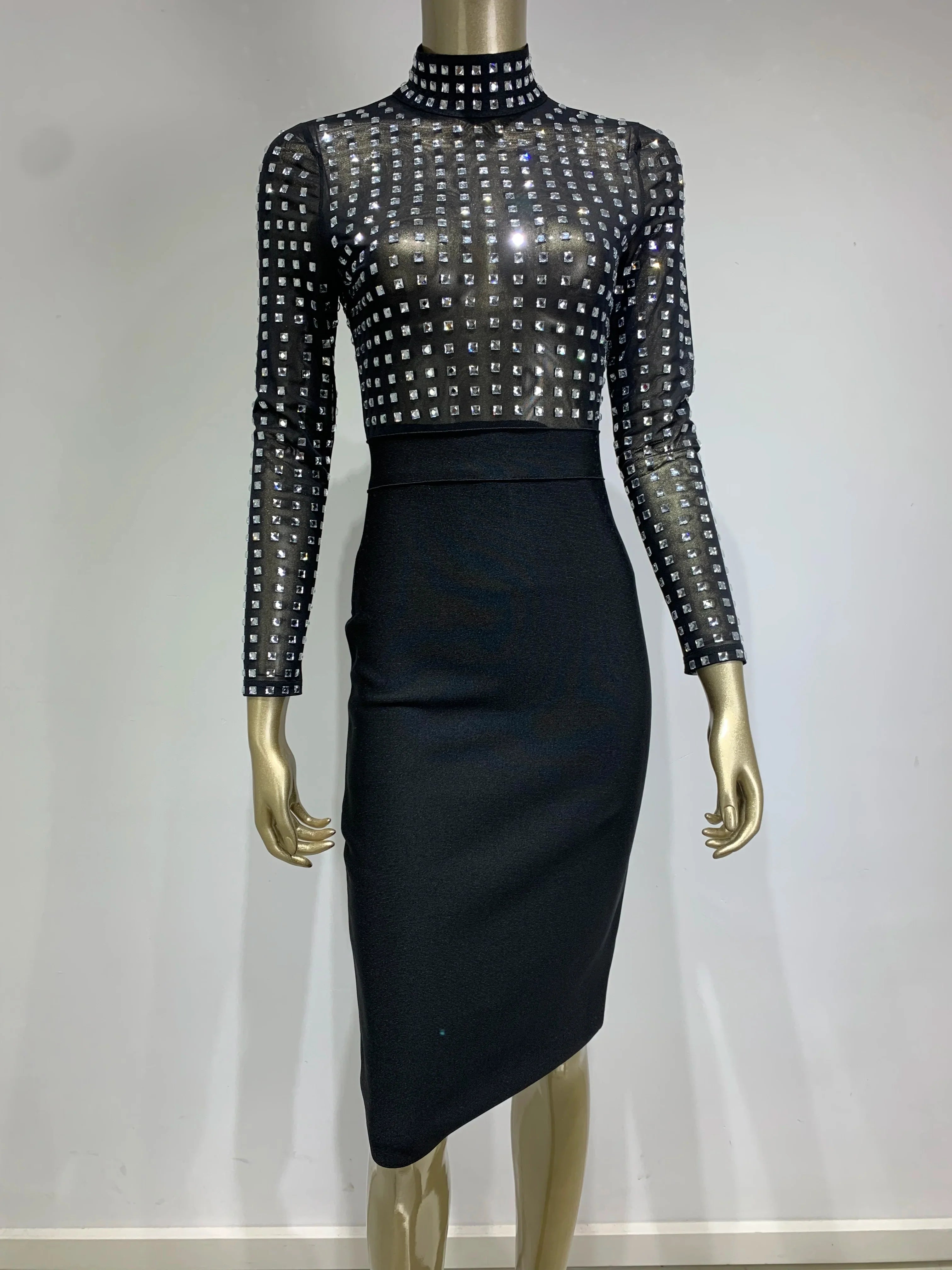 est Women Celebrity Sexy Turtleneck Rhinestone Black Midi Bodycon Bandage Dress Elegant Evening Club Party Dress