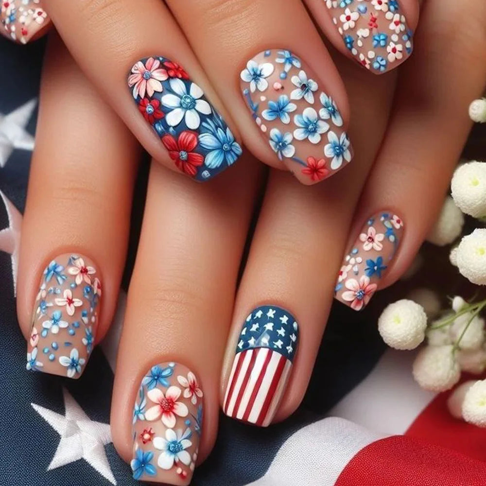 24Pcs Mid-length Square Fake Nails Patch with Plant Flower Pattern False Nails Blue Fashion Removable Nail Tips Finished Summer 6