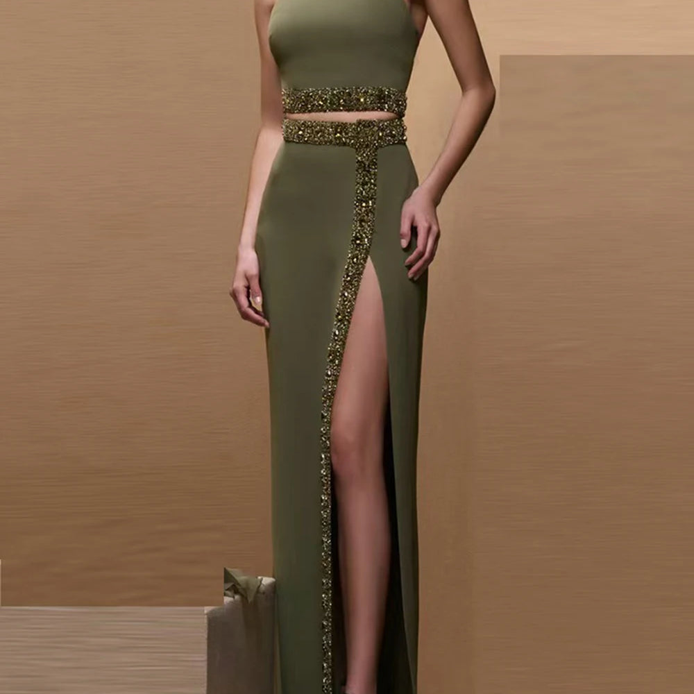 2025 Black Army Green Bandage Two Pieces Sets Sexy Diamond Bead Halter Top Long Skirt Women Bodycon Clothing Elegant Party Sets