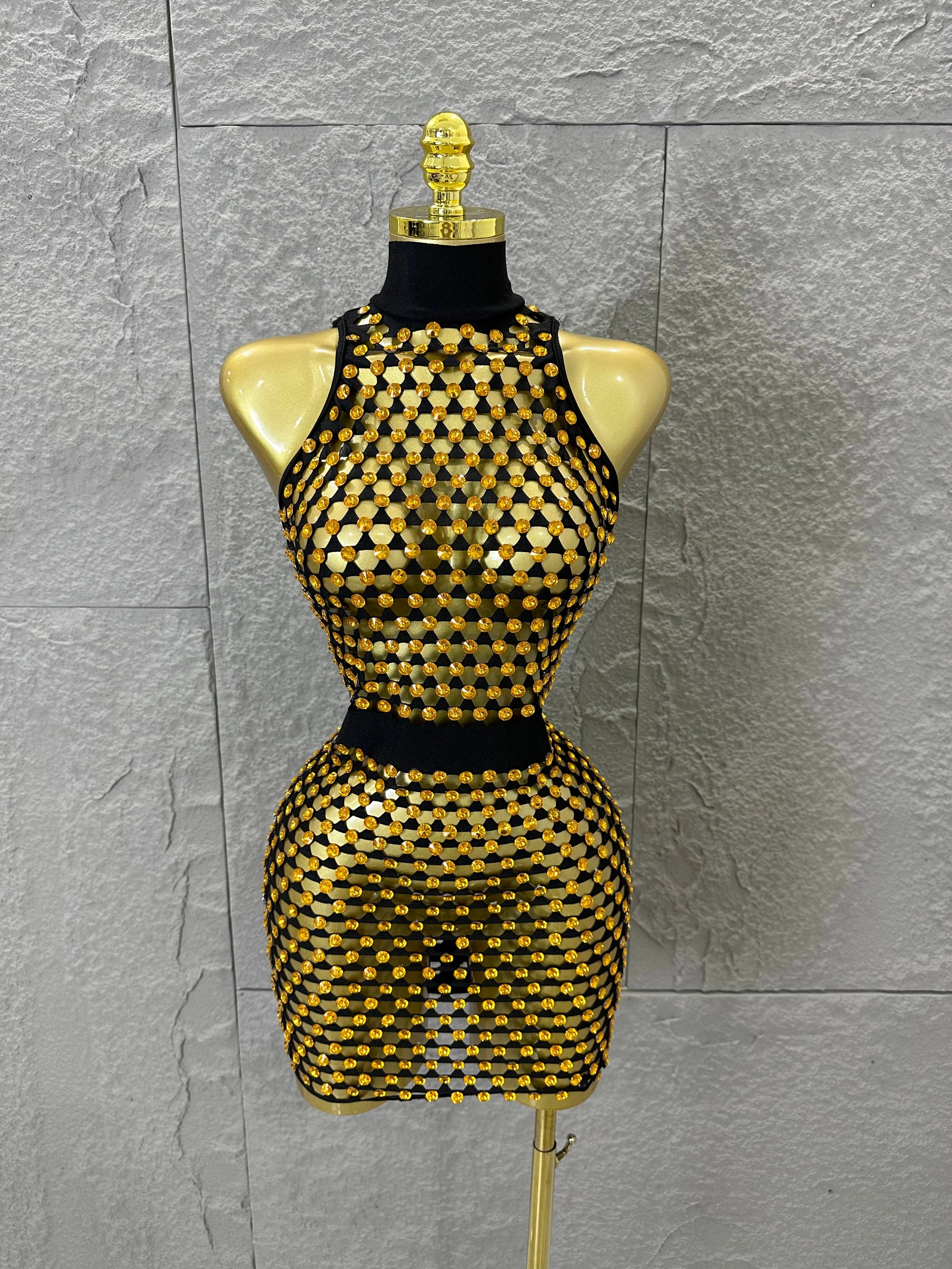 Luxury 2026 Glamorous Black Mesh Halter Mini Dress Sparkle Rhinestone Gold Silver Bead Bodycon Bar Stage Performance Costume