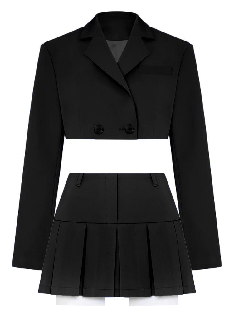 Taruxy Casual Two Piece Sets Women's Fall Outfits 2022 New Black Matching Sets With Skirt And Blazer Cropped Top Suit For Women Black Suit