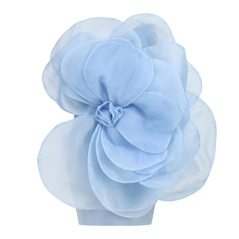 2023 Summer Women'S Dress Sexy One Shoulder Sleeveless 3D Mesh Flower Patchwork Satin Mini White Wedding Dress Blue