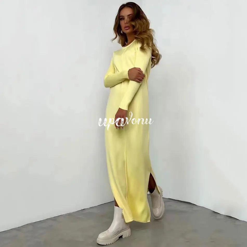 2024 Casual Midi Knit Dress Women's O-neck Long Sleeve Split Straight Dresses 2023 New Autumn Pure Color Knit Vestidos