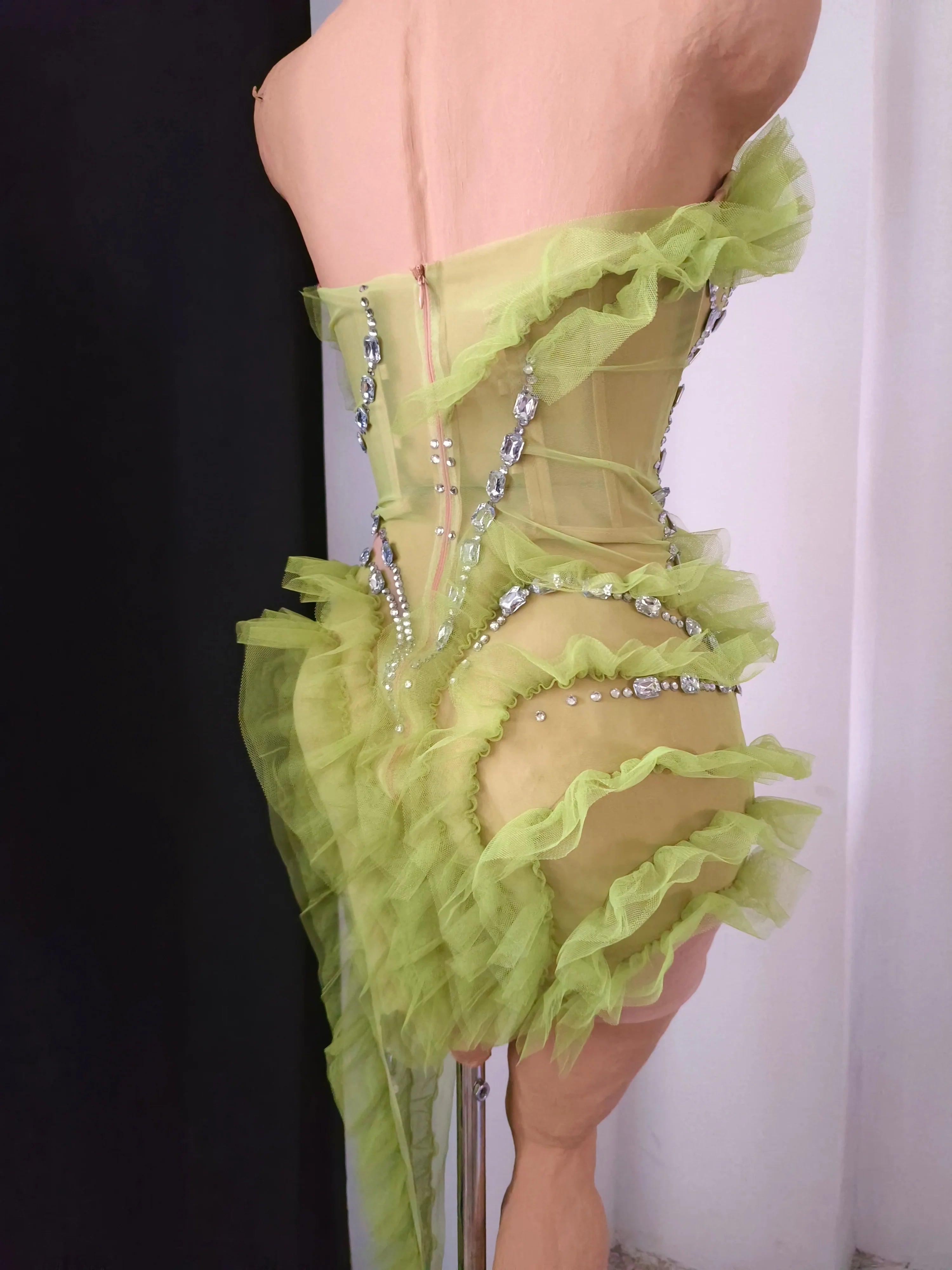 Sparkly Green Sheer Mesh Flowy Ruffle Crystal Rhinestone Dress Slim-fit Nightclub Party Stage Performance Clubwear Outfit