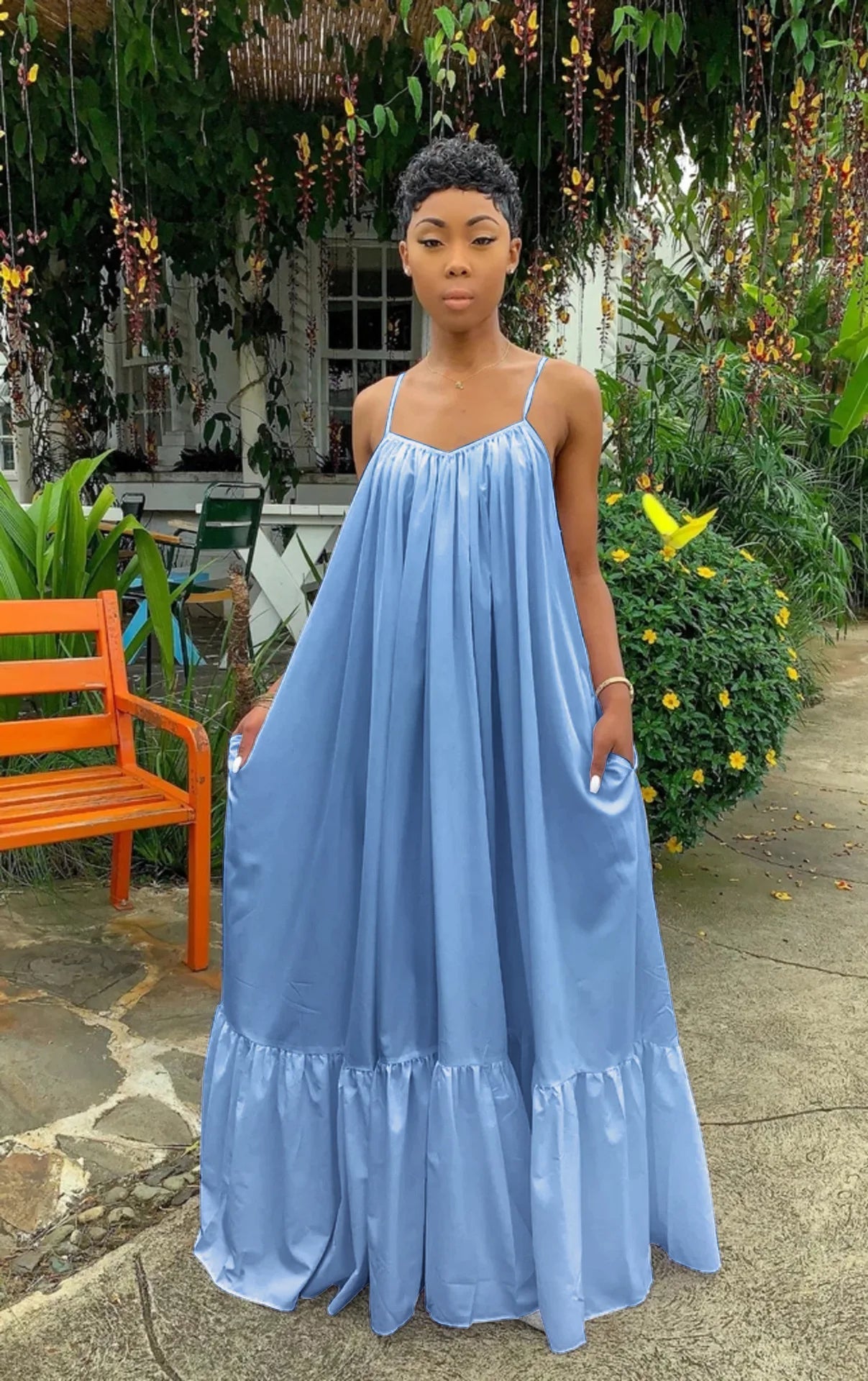 CMYAYA Women Summer Long Maxi Dress Sexy Sleeveless Strap Loose Beach Party Night Club Bandage Female S-5XL Dresses Vestido Light Blue