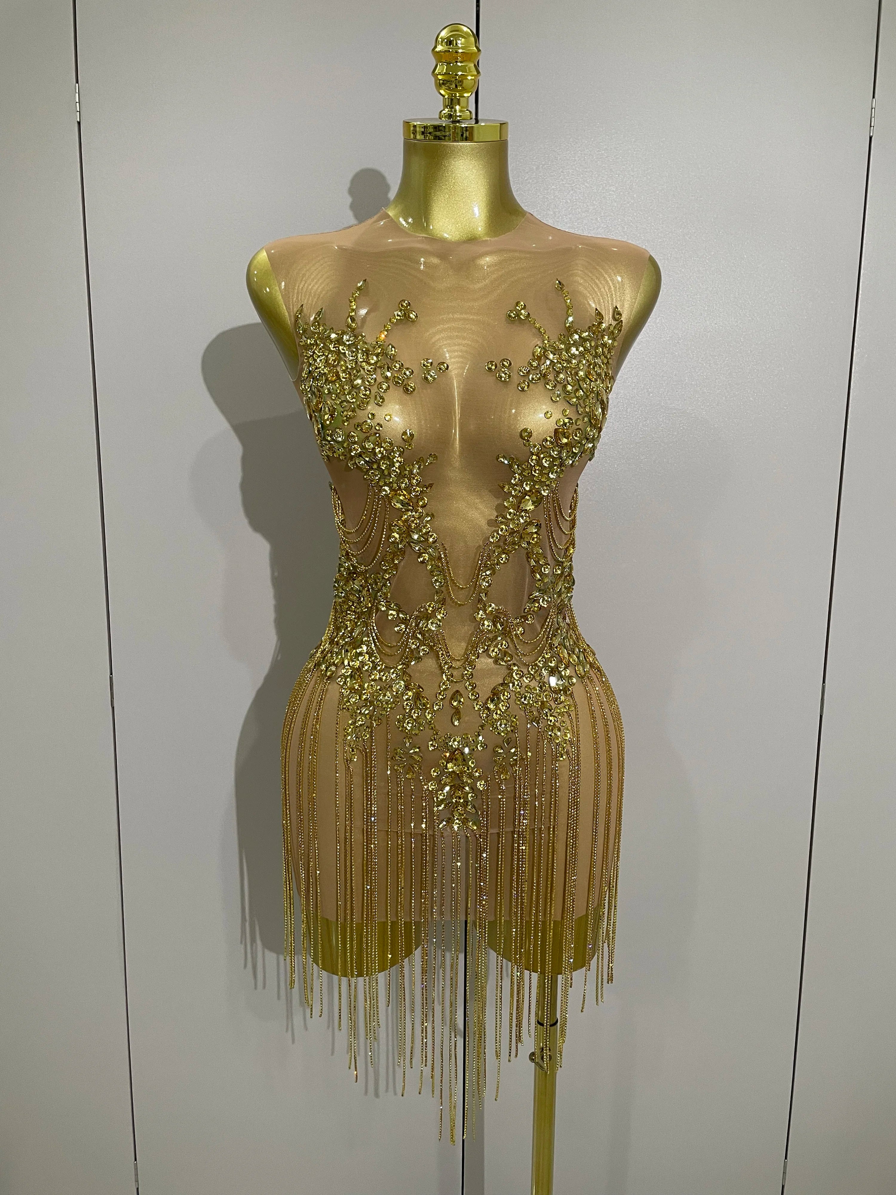 Luxury Sparkly Rhinestones Chain Sleeveless Mini Dress 2025 Women Sexy Performance Dance Nightclub Outfit Birthday Party Dress Gold