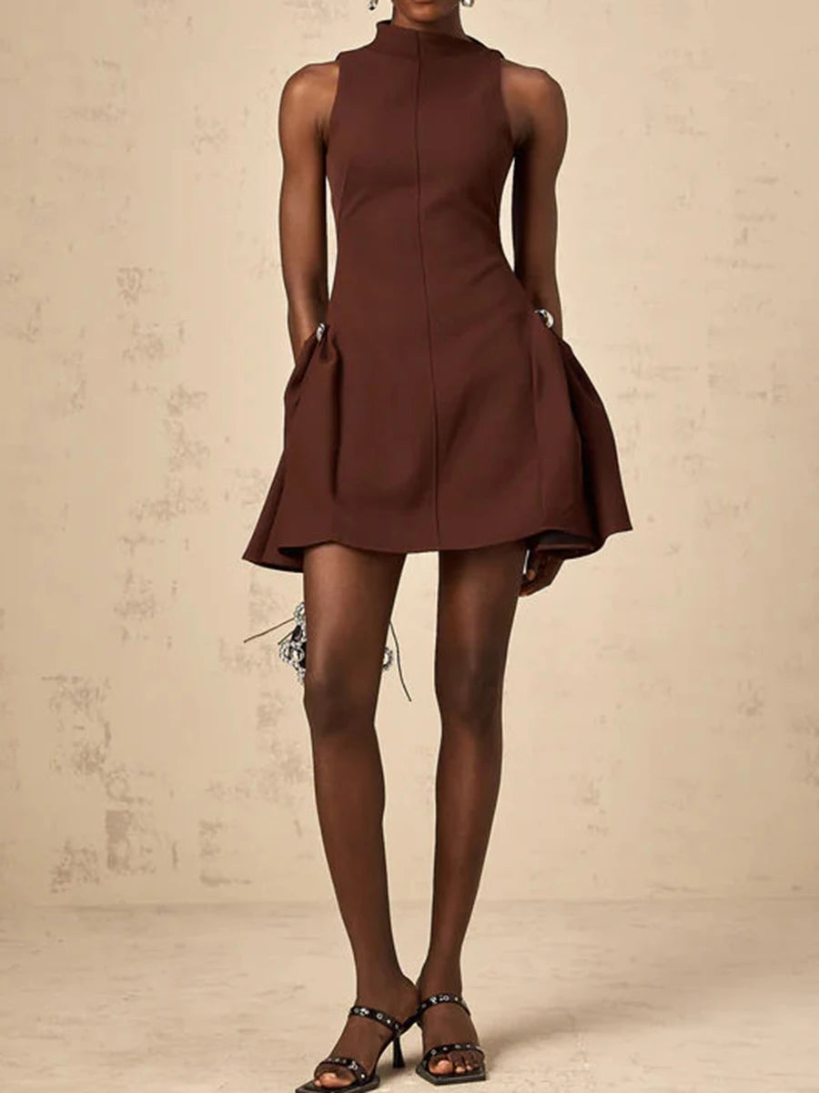 Solid Slimming Elegant Mini Dresses for Women Round Neck Sleeveless Patchwork Folds Tunic Dress Female Clothing New