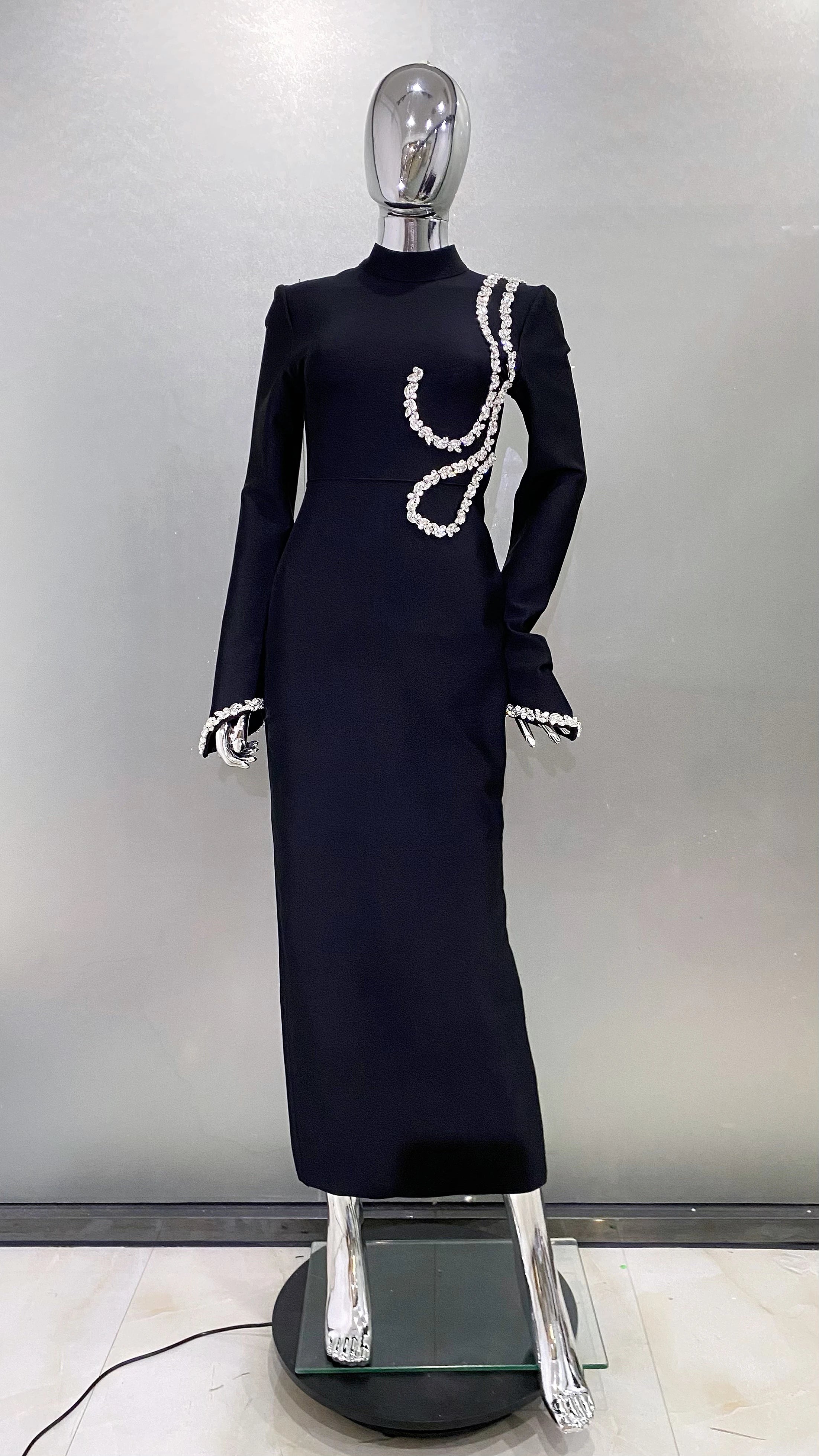 Shining Diamonds Half High Collar Black Long Bandage Dress Elegant Woman Evening Party Dress Cocktail Party Outfit black