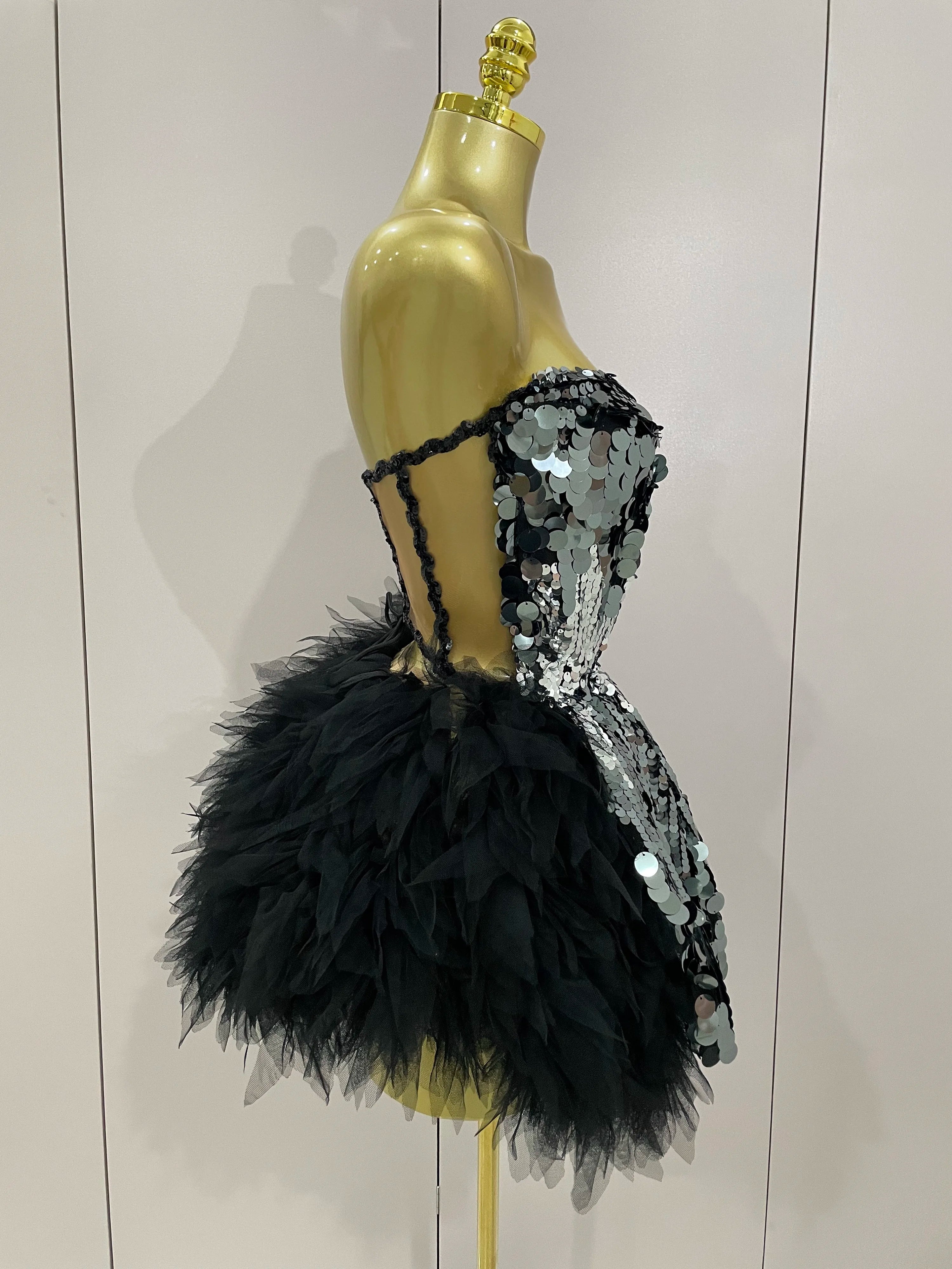 Sparkly Black Sequins Two Pieces Set 2025 Women Party Evening Prom Celebrate Birthday Dress Nightclub Photo Shoot Stage Costume