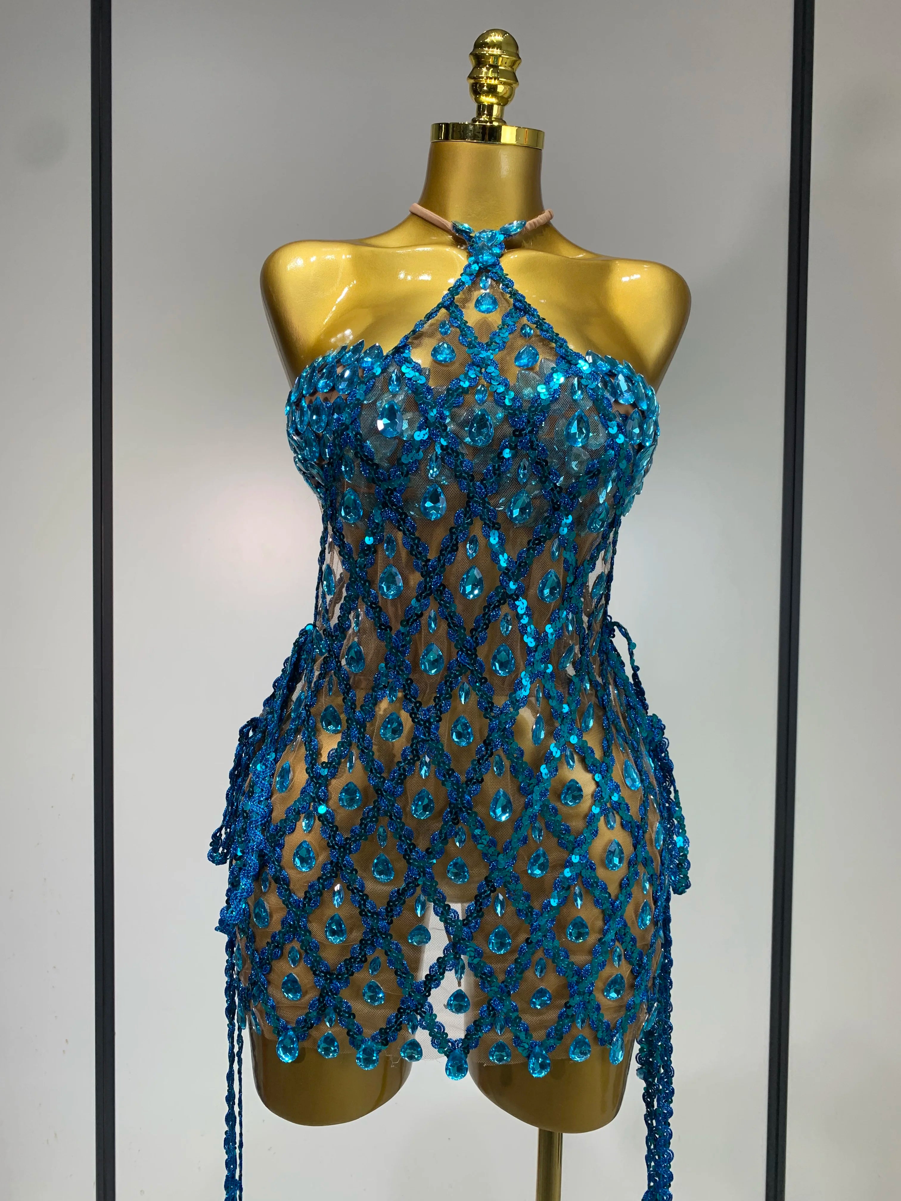 Sparkly Sequin Diamond Mesh Transparent Two Piece Set Women 2025 Sexy Evening Party Celebrate Birthday Photo Shoot Wear Blue