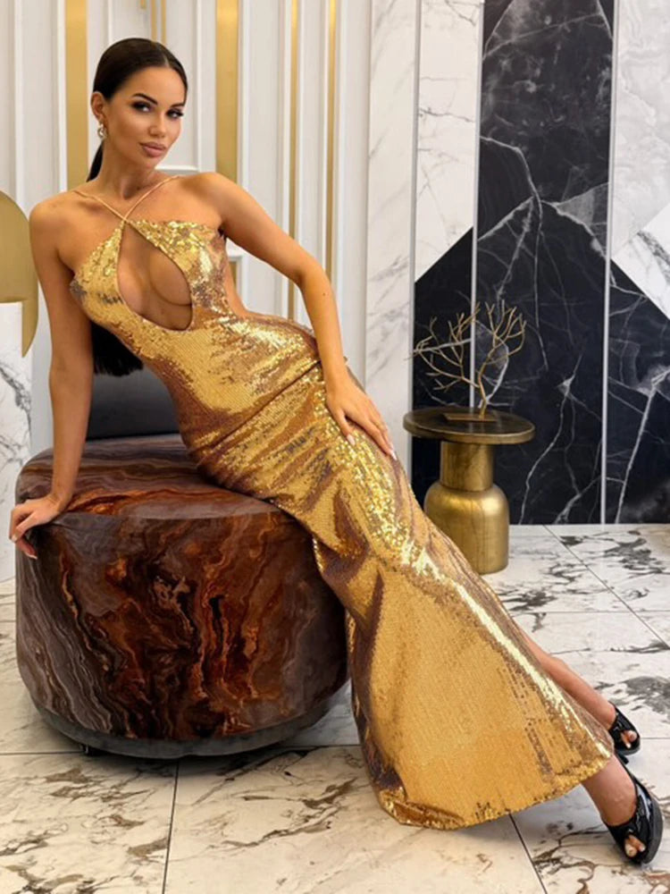 Women'S Gold Sequins Luxury Party Gown Sexy Backless Long Dress For Wedding Banquet Party Female Clothing