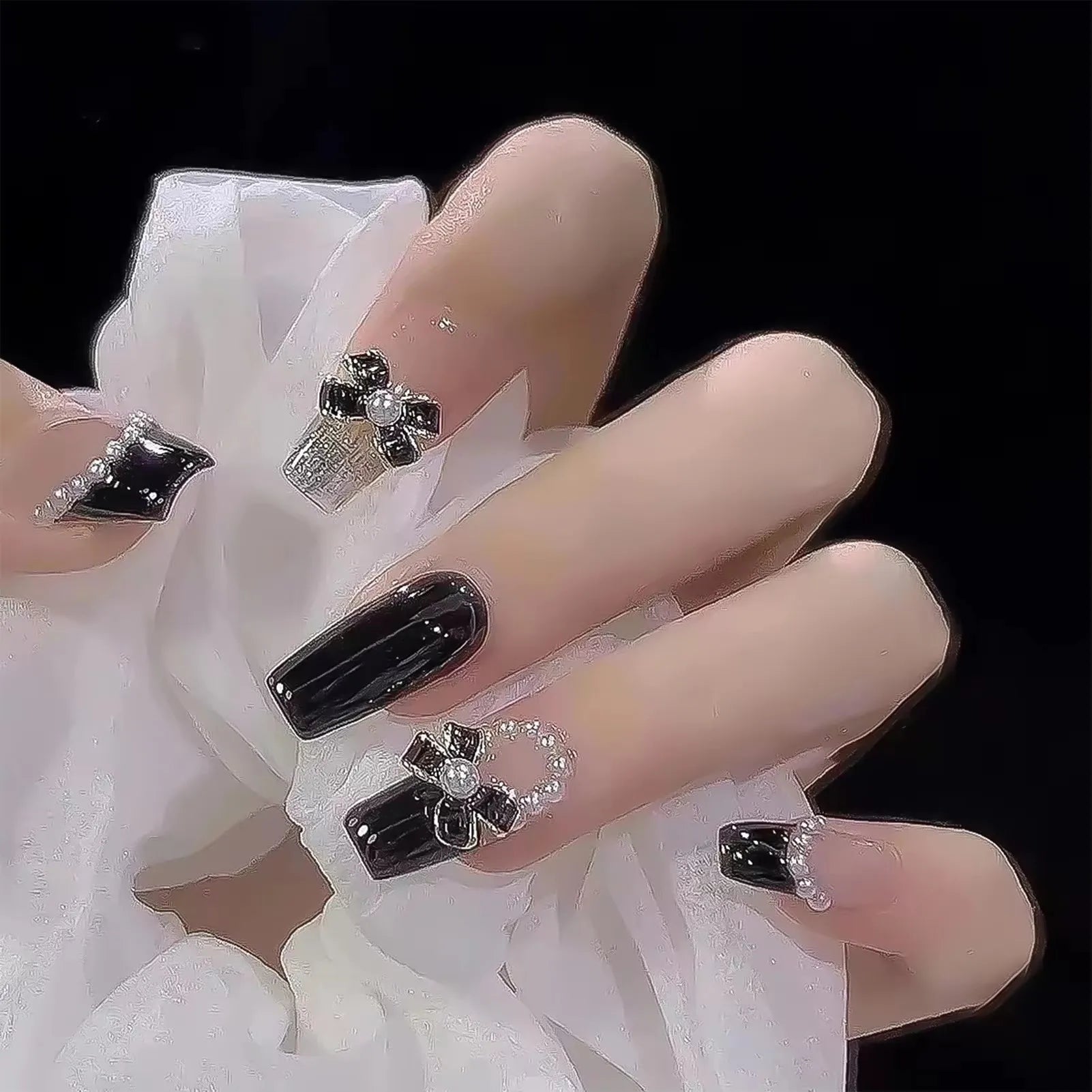 24Pcs Red Fake Nails with 3D White Flower Design Mid Length Coffin Press on Nails Wearable Korean Sweet Flower False Nails 7