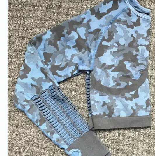 1PCS Camouflage Set Women Yoga Suit Sport Set Gym Workout Clothes Long Sleeve Fitness Crop Top High Waist Seamless Camo Leggings blue lvtop