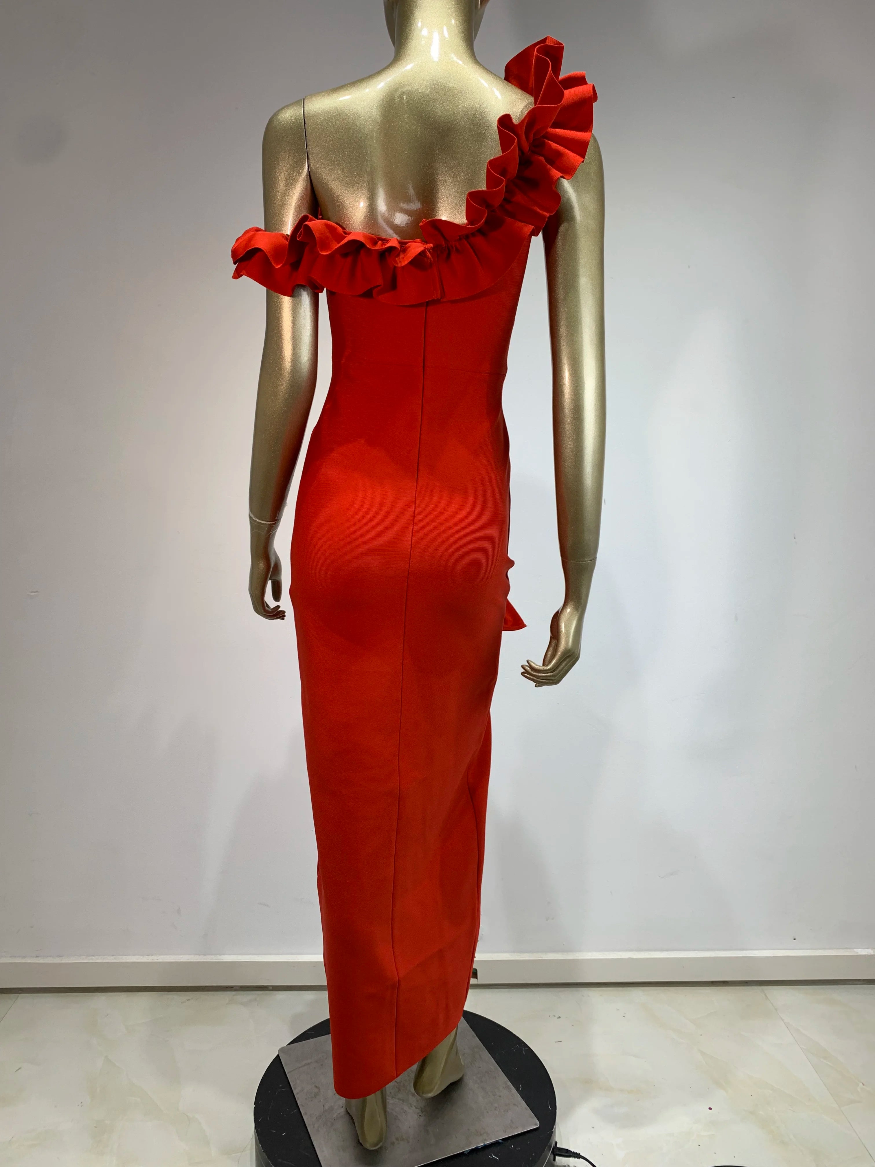 Women Celebrity Sexy Off Shoulder Ruffles Black Red Split Midi Bodycon Bandage Dress 2024 Elegant Evening Club Party Outfit