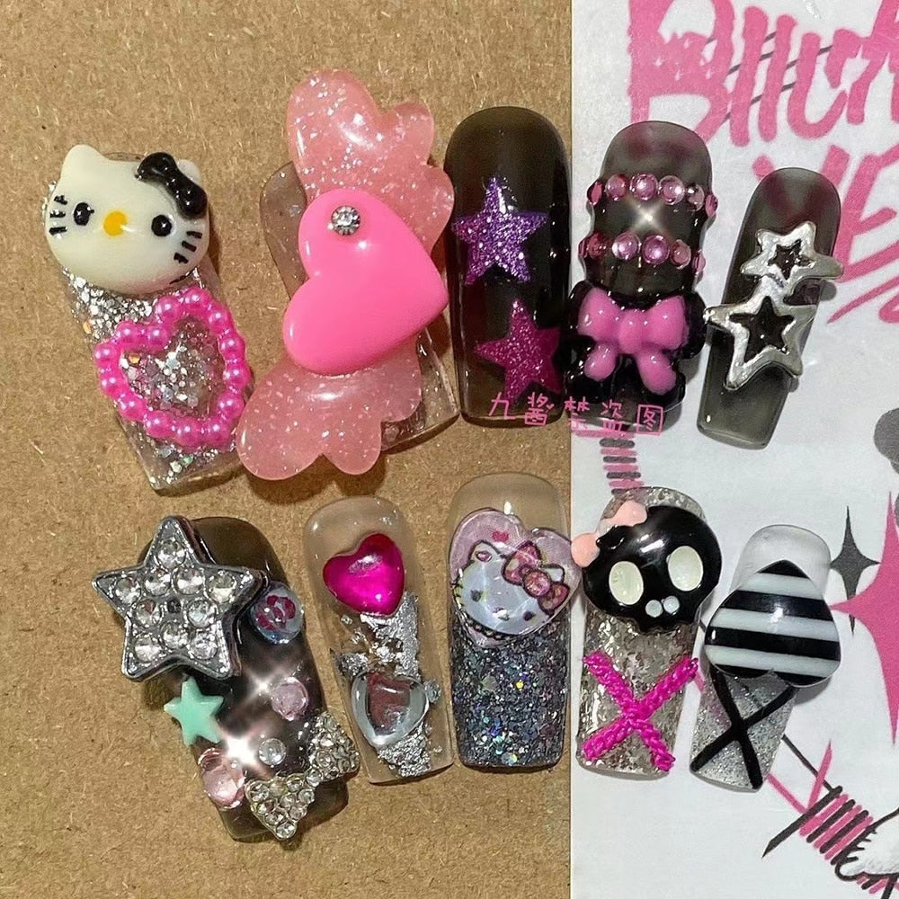 Été plage voyage vacances Hello Kitty conque ongles fille bleu jeunesse travail manuel personnalisable faux ongles fille soeur cadeau