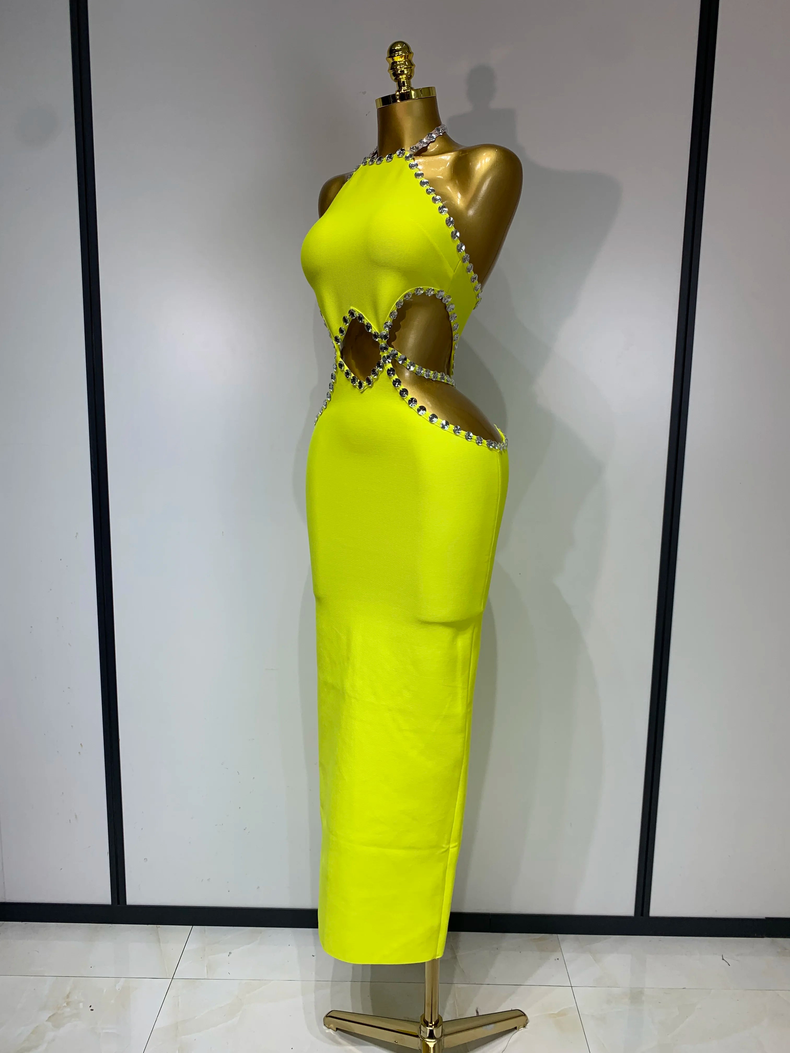 Women Luxury Sexy Backless Halter Beading Maxi Long Lemon Yellow Bandage Dress 2025 Elegant Evening Club Birthday Party Dress