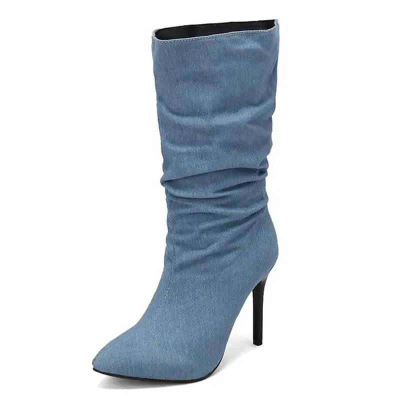SIMLOVEYO Brand Women Mid Calf Boots Pointed Toe Stiletto 10CM Slip On Sexy Dating Female Booty 44 45 46 47 48 blue