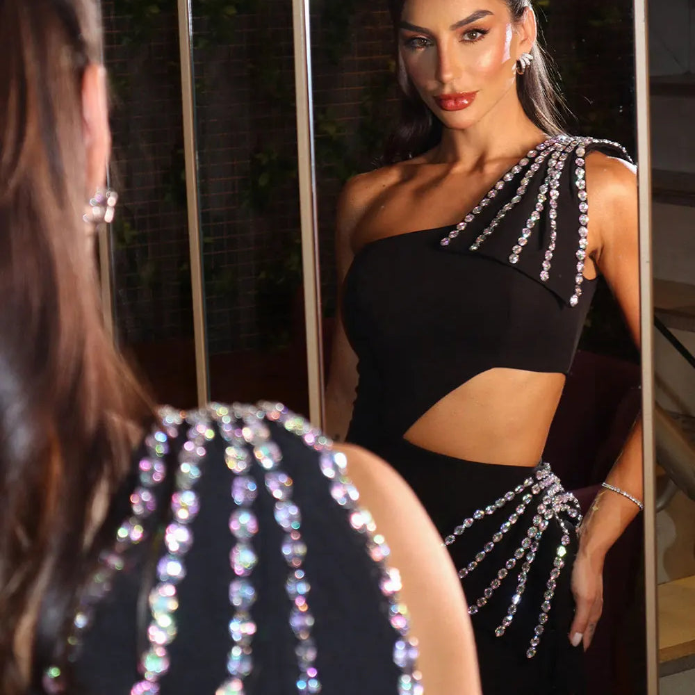 2024 Sexy Women's Light Luxury Nail Diamond Bandage Dress One Shoulder Slant Neck Bodycon Waist Long Dress Evening Party Vestido