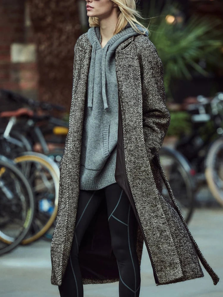 Women's Warm Windbreaker Fall And Winter New Retro Long-Sleeved Classic Jacket Herringbone Twill With Belt Windbreaker