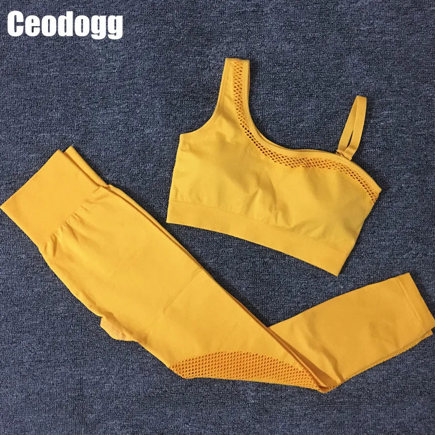 1/2Pcs Seamless Yoga Set Women Gym Sportswear Outfit Yoga Pant Leggings One Shoulder Sports Bra Workout Cloth Tracksuit