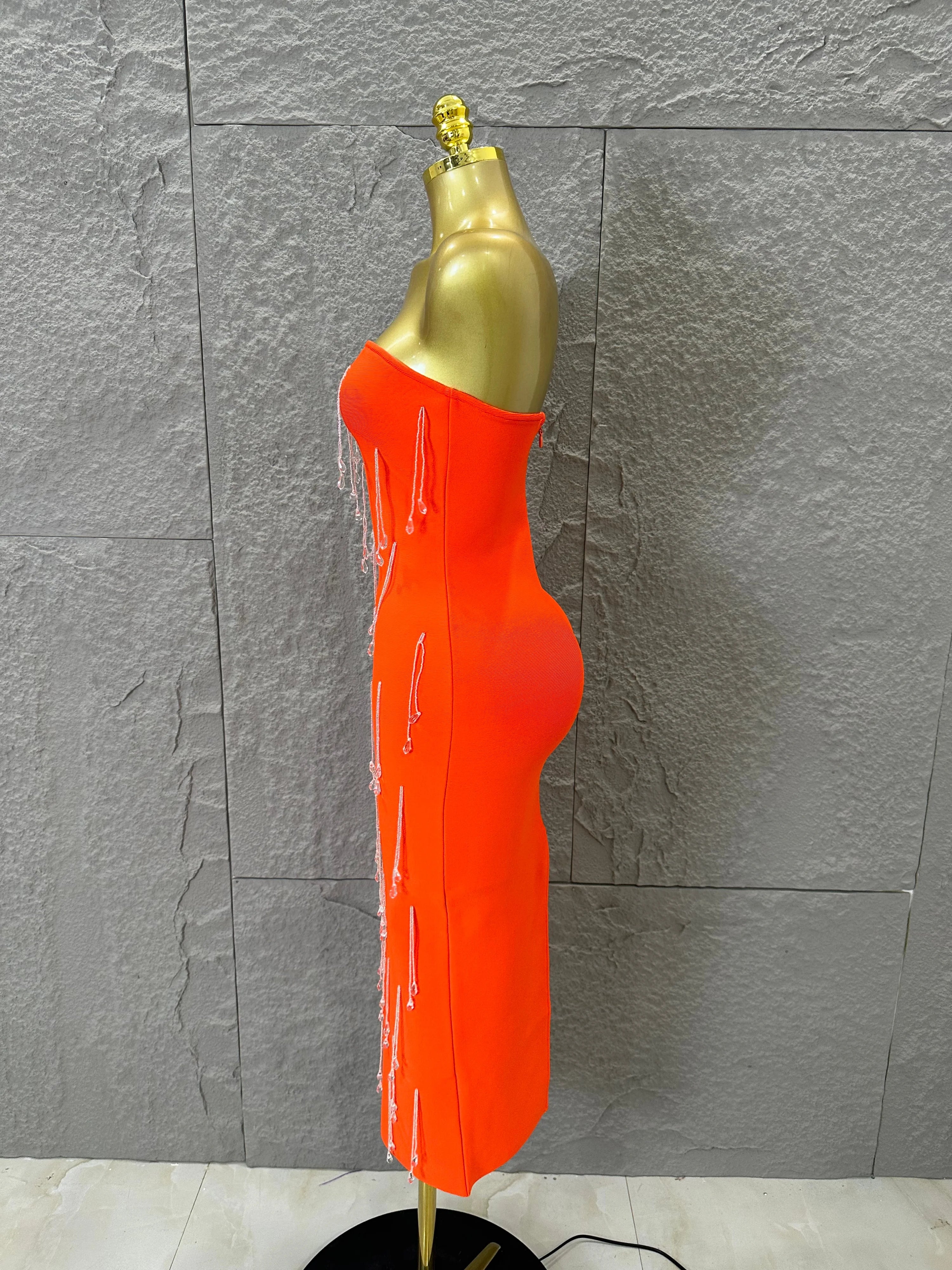 Elegant Orange Crystal Tassel Midi Dress Women Sexy Strapless Rhinestone Fringe Bodycon Slim-fit Outfit Evening Gala Costume