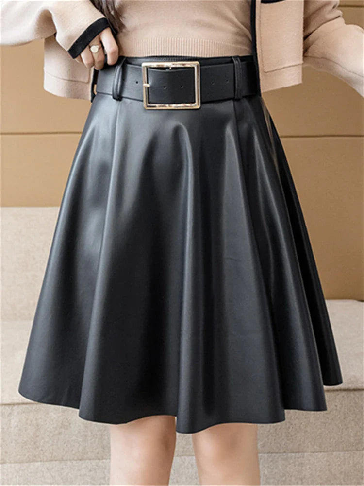 REALEFT Women's PU Leather Skirts With Belted 2022 New Fashion Solid Color High Waist Casual Short Ladies A-Line Skirts Female Black