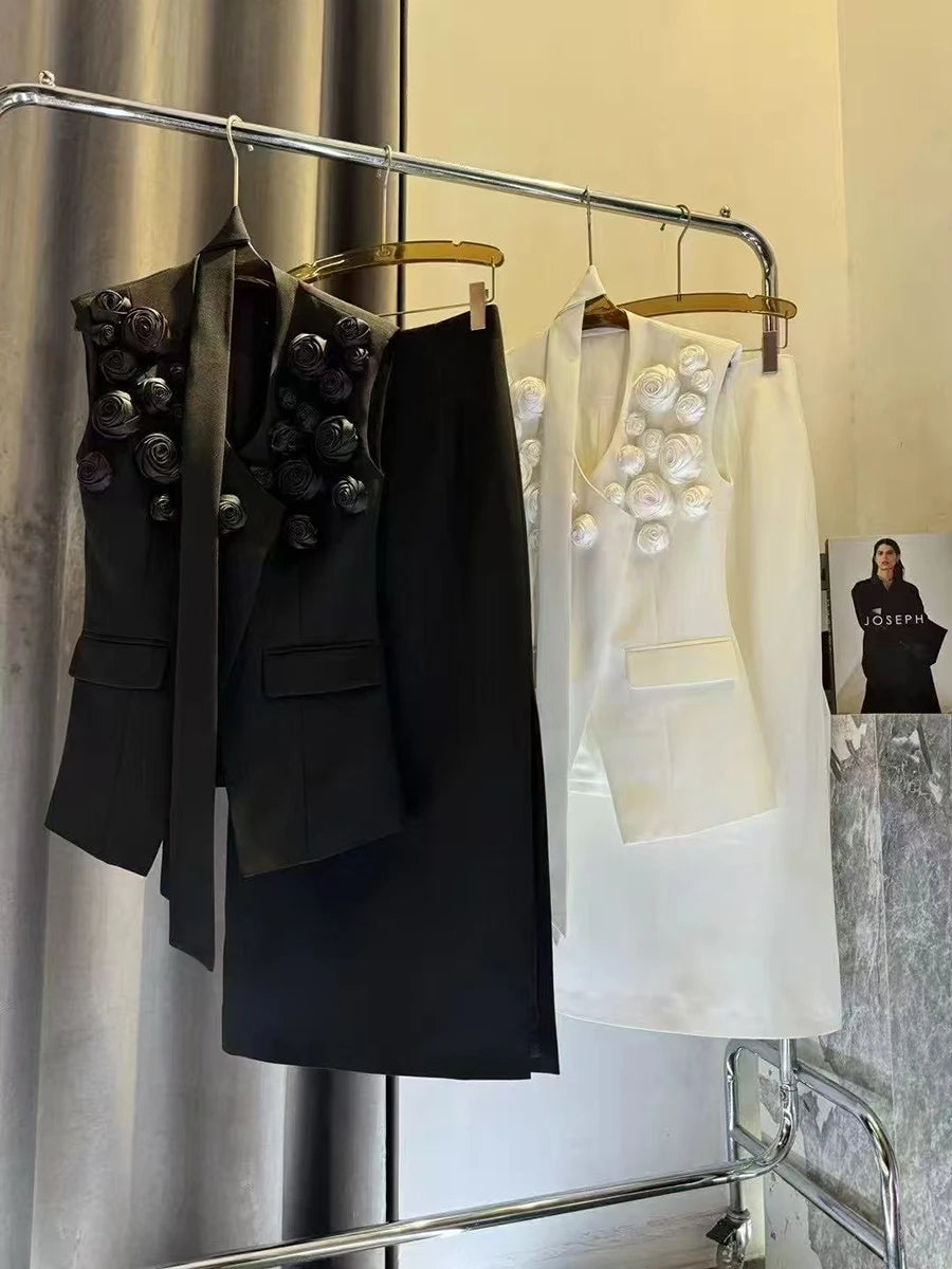 Solid Spliced Applique Two Piece Sets for Women V Neck Sleeveless Patchwork Lace Up Top High Waist Skirt Set Female