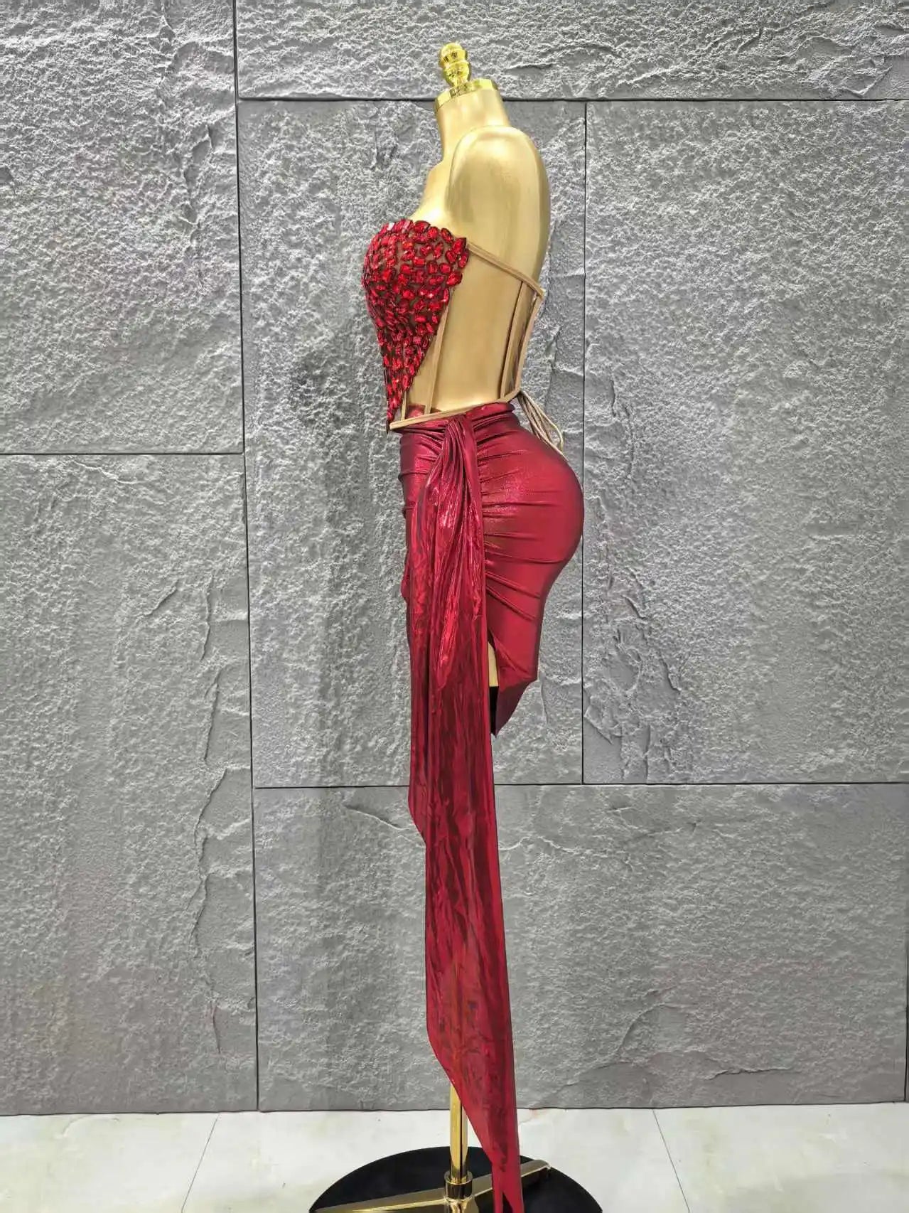 Shinning Crystal Women Sexy Strapless Laced-up 2 Pieces Bodycon Mini Dress Celebrate Nightclub Party Bar Singer Stage Wear