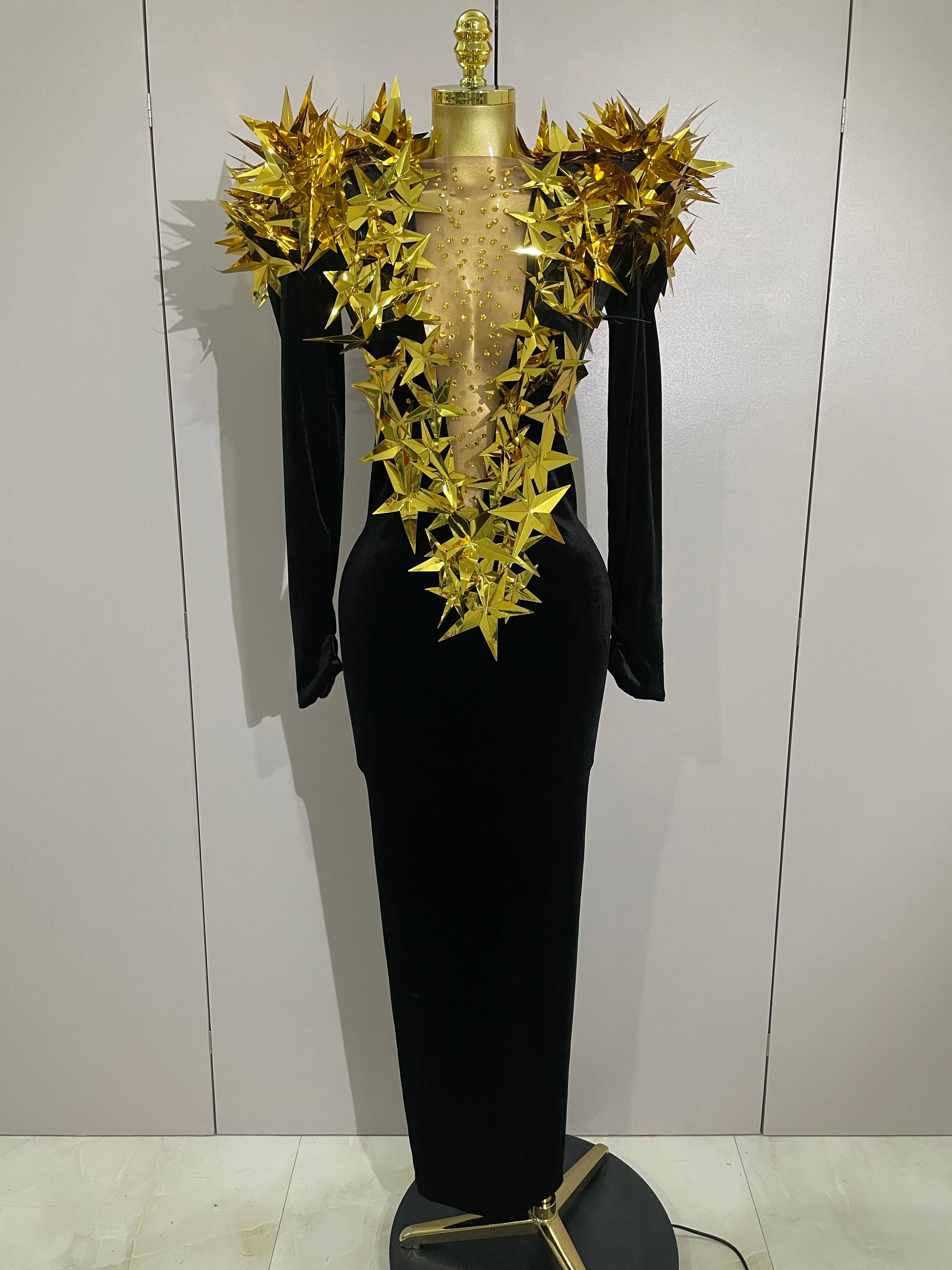 2025 New Shiny Gold Star Rhinestone Velvet Long Dress Women Evening Birthday Party Club Gala Hosts NightClub Bar Stage Costumes black