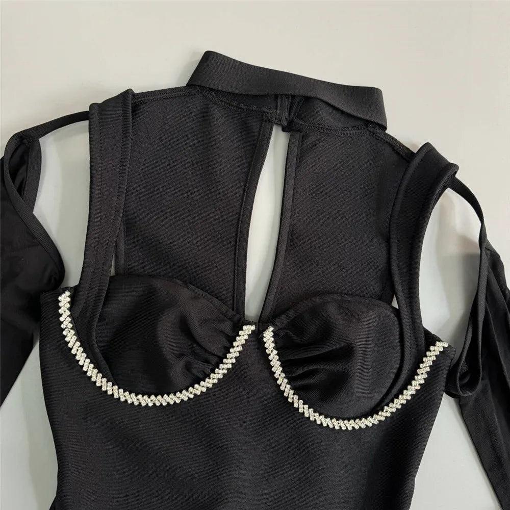 2025 Sexy Women's Light Luxury Nail Diamond Bandage Dress O-neck Long Sleeve Hollow Design Bodycon Midi Dress Party Vestidos