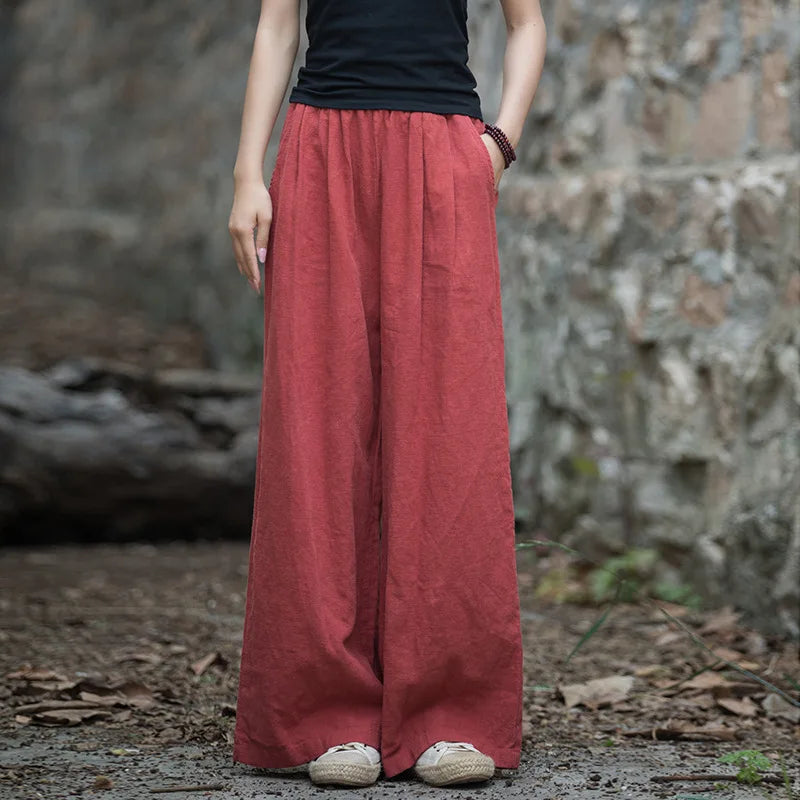 Vintage Casual Cotton Linen Female Pants Spring Summer Korean Style Elastic Waist Solid Women Long Straight Wide Leg Pants red One Size