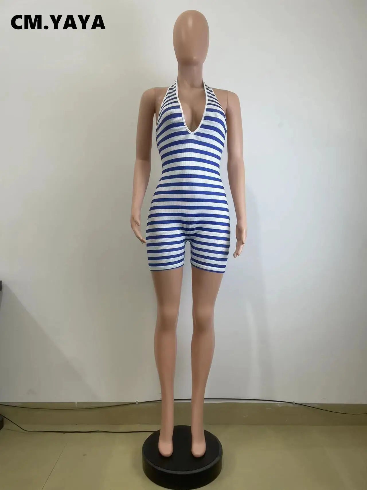 Women Striped Sleeveless Halter Romper and Playsuit Backless Lace Up 2025 Summer Night Club Chic One Piece Suit Jumpsuit