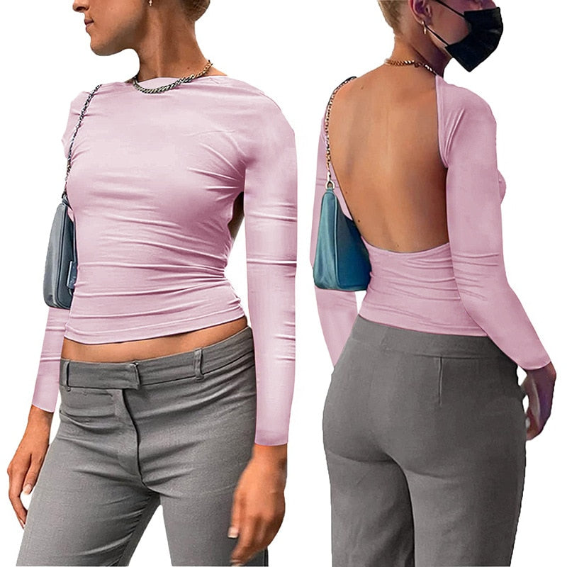 Y2K Sexy Backless Crop Top Women Casual 2023 Summer Short Sleeve O Neck T Shirts Streetwear Fit Slim Pullovers Base Tees T-Shirt