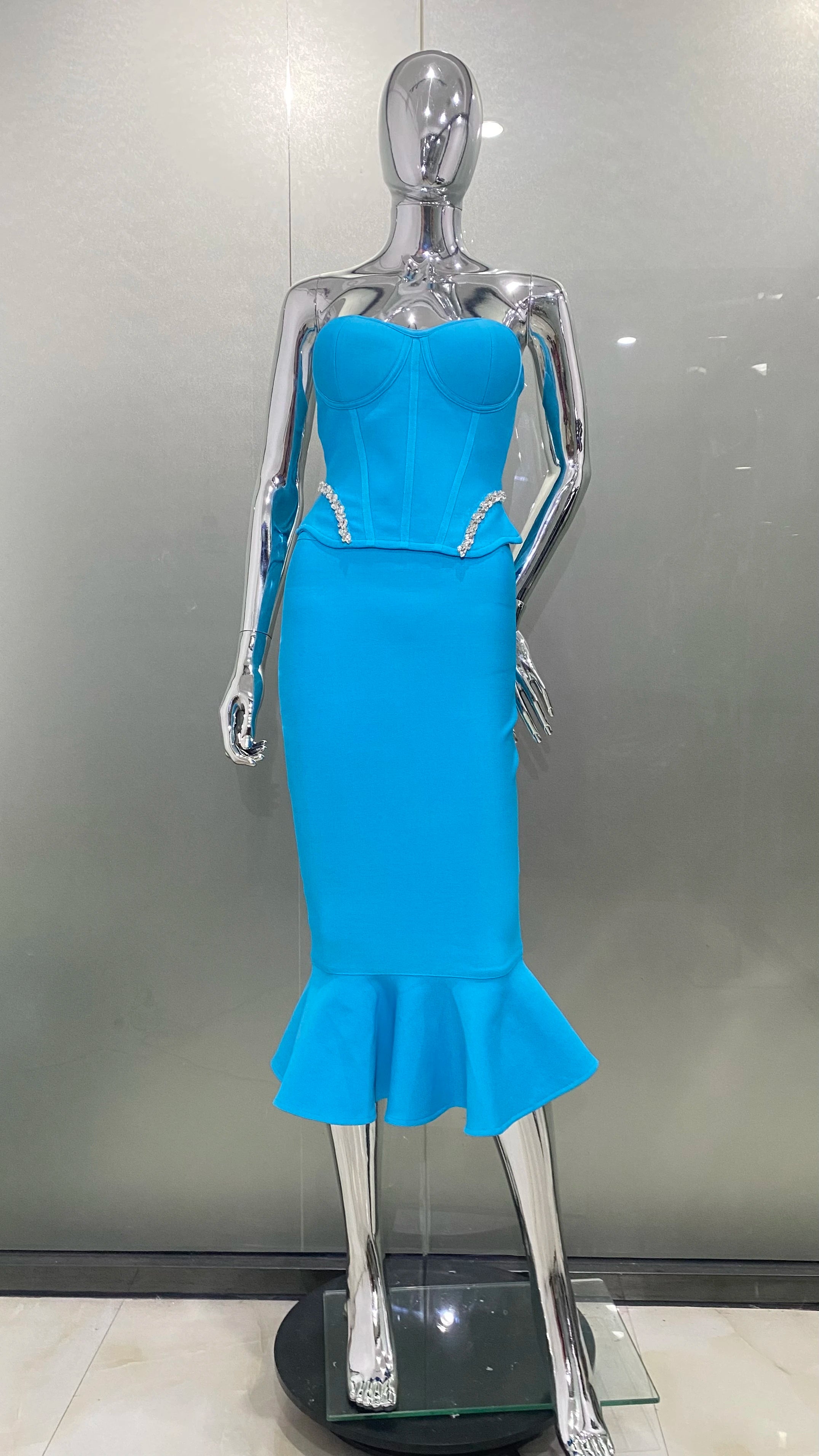 Blue Color Woman Bandage Set Shining Diamonds Strapless Top And Mid Calf Mermaid Skirt 2 Piece Set Cocktail Party Outfit Blue