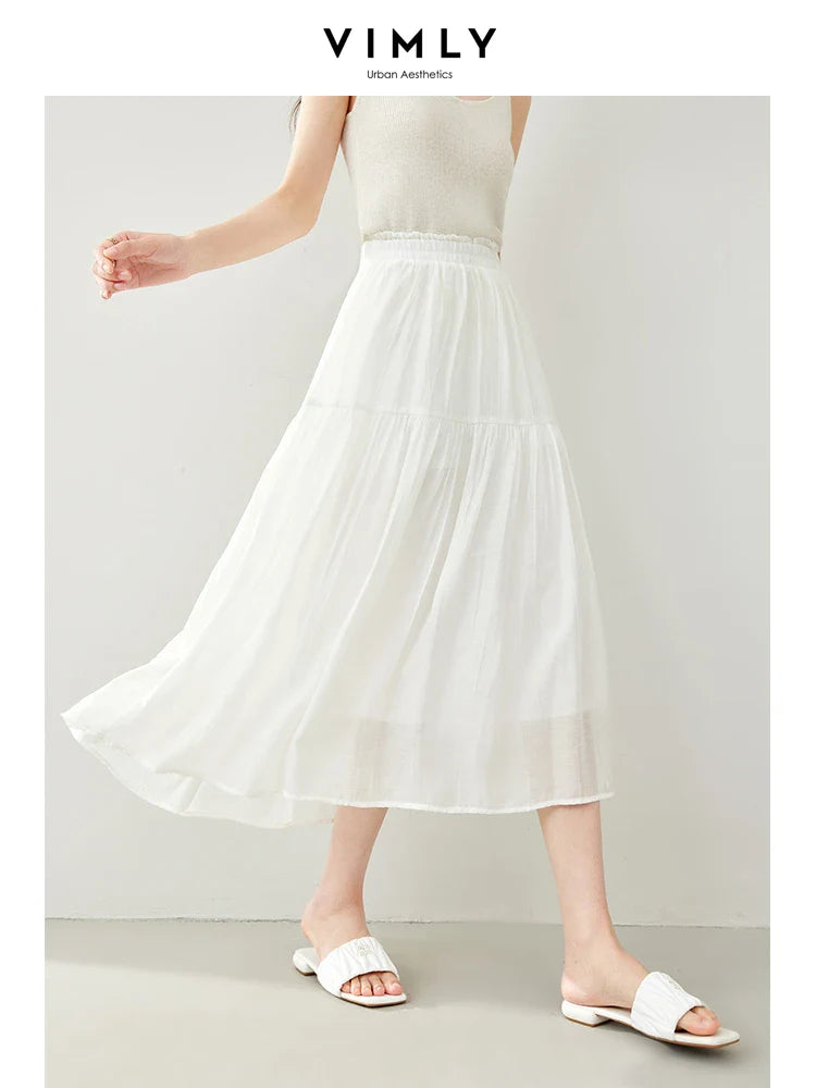 Vimly Black Elegant A-line Women's Midi Skirt Spring Simple Elastic Waist Solid Thin Female Skirts Women's Clothing M6079