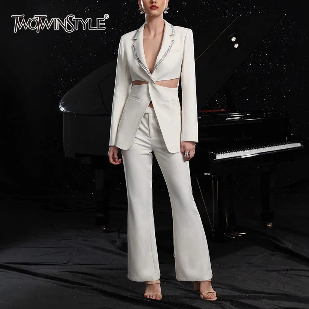 Solid Hollow Out Elegant Two Piece Sets for Women Lapel Long Sleeves Spliced Hot Fix Top High Waist Pant Set Female
