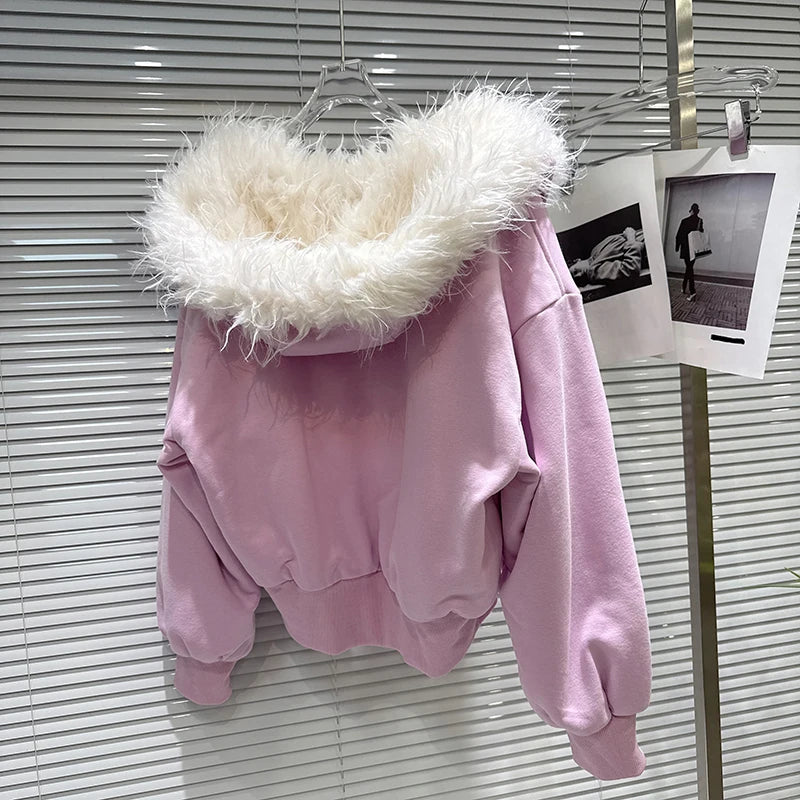 Winter New Sweet Furry Lined Hooded Sweatshirt For Women Elastic Waist Heart Pattern Fleece Long Casual Pants 11A07893