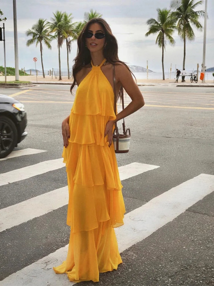 Fashion Ruffles Hem Long Dress For Women Elegant Halter Backless Sleeveless Vestidos Female New Vacation Beach Party Robes orange yellow