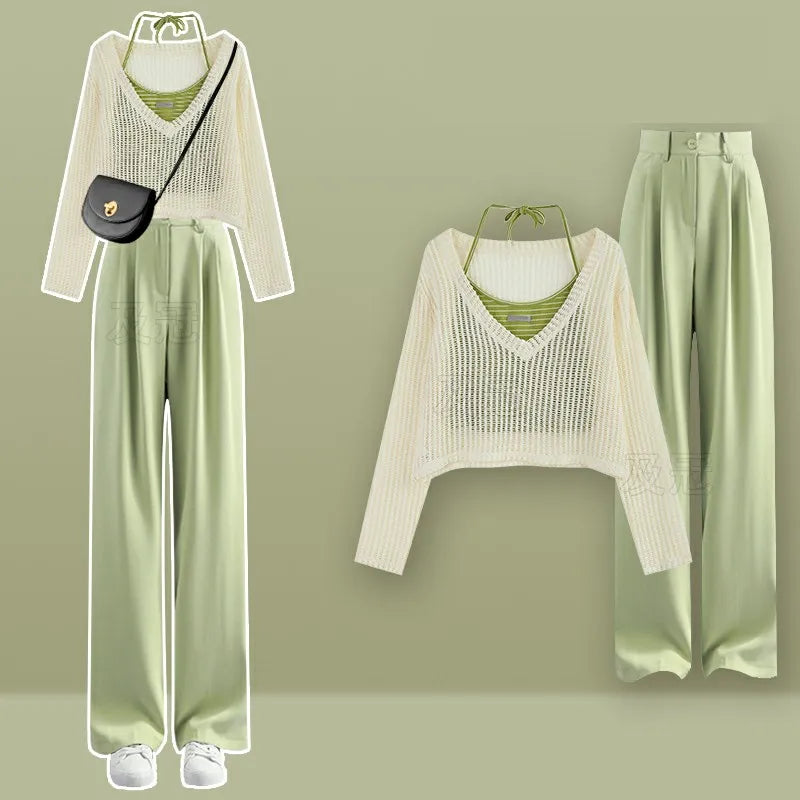 Women's Summer Fashion Hollow Out Shirt+Suspender+Wide Leg Pants Three Piece 2024 New in Matching Set Korean Elegant Tracksuit Green Three-Piece
