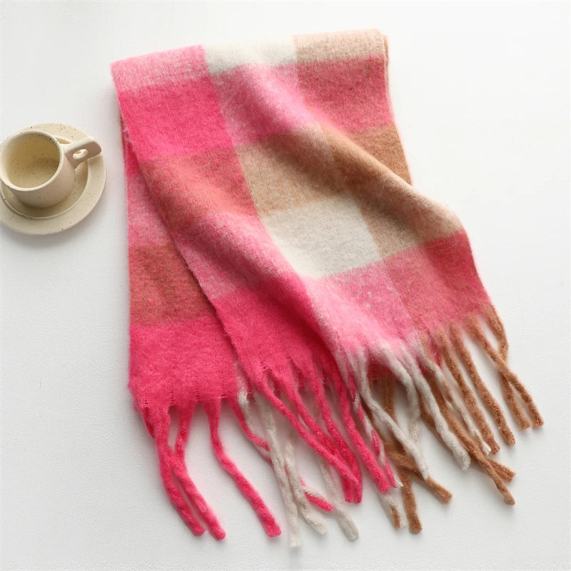 Thick Warm Scarf Women Winter Neck Shawls Tassel Pashmina Scarves Lady Cashmere Bandana Plaid Rainbow Hairy Foulard