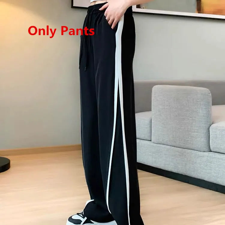 Women Spring Autumn Fashion Zipper Sweatshirt Vest Wide Leg Pants 1 or 3 Piece Set Lady Casual Tops Trousers Outfits 2024 Suits Only Black Pants